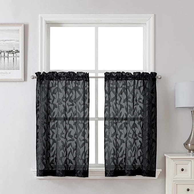 Lecloud Leia Black Sheer Kitchen Curtains 30 Inch Length 2 Pcs, Leaf Textured by Lecloud