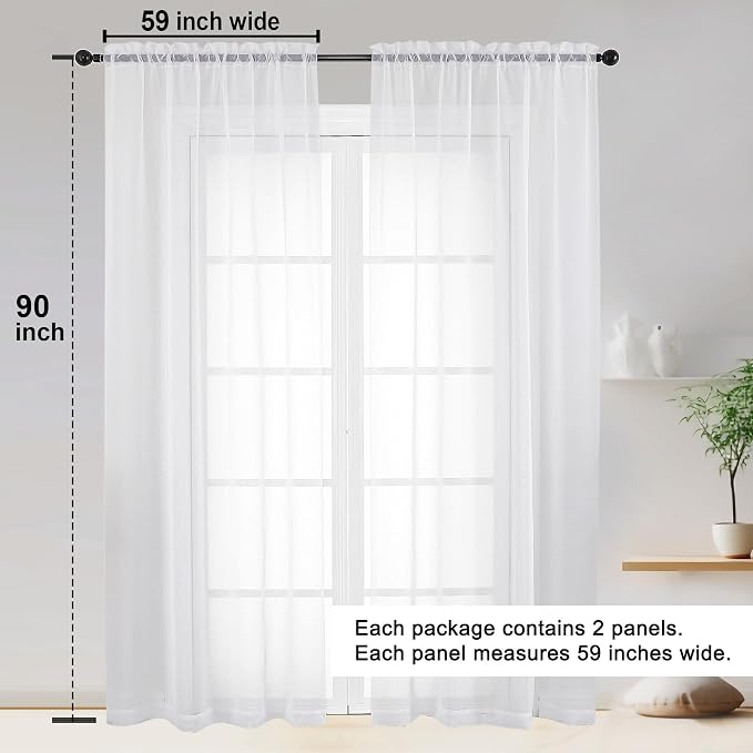 OWENIE White Sheer Curtain 90 Inches Long 2 Panels Set, Solid Filmy Drapes - Image 2