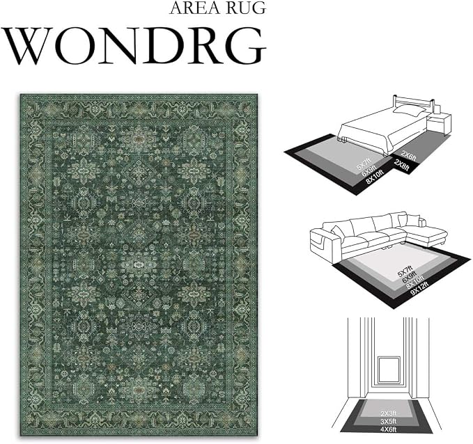 6x9 Washable Area Rug for Living Room Bedroom Vintage Green Carpet Soft Low - Image 2