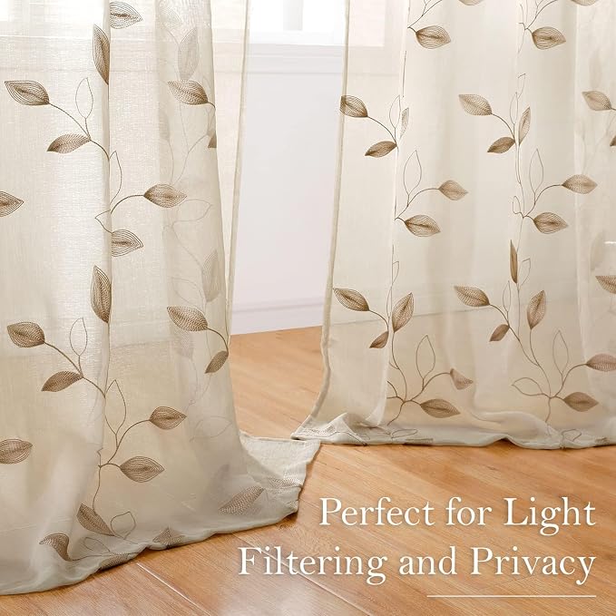HOMEIDEAS Taupe Sheer Curtains 52 X 63 Inches Length 2 Panels Beige Embroidered - Image 4
