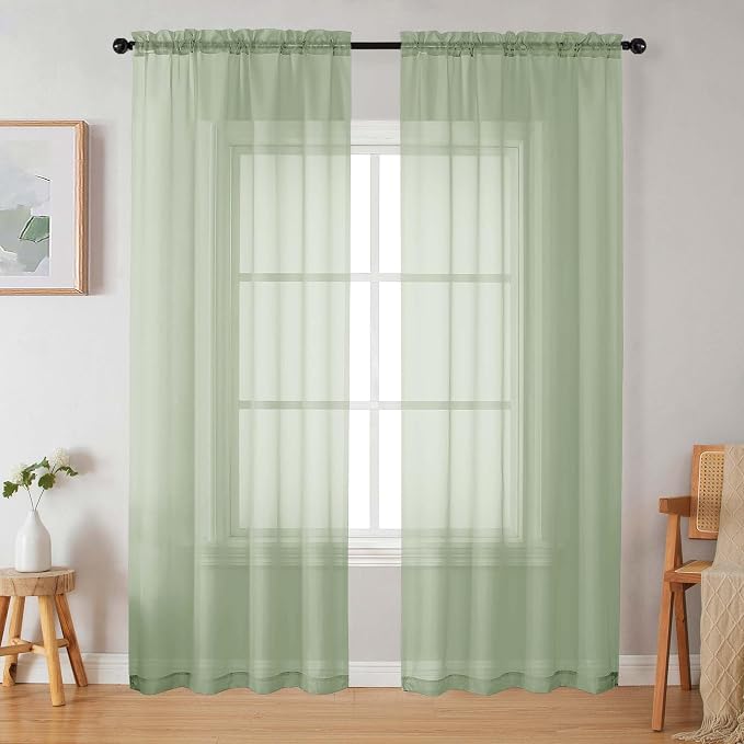 Light Green Sheer Curtains 84 Inches Long 2 Panels Set by WelvetBLK