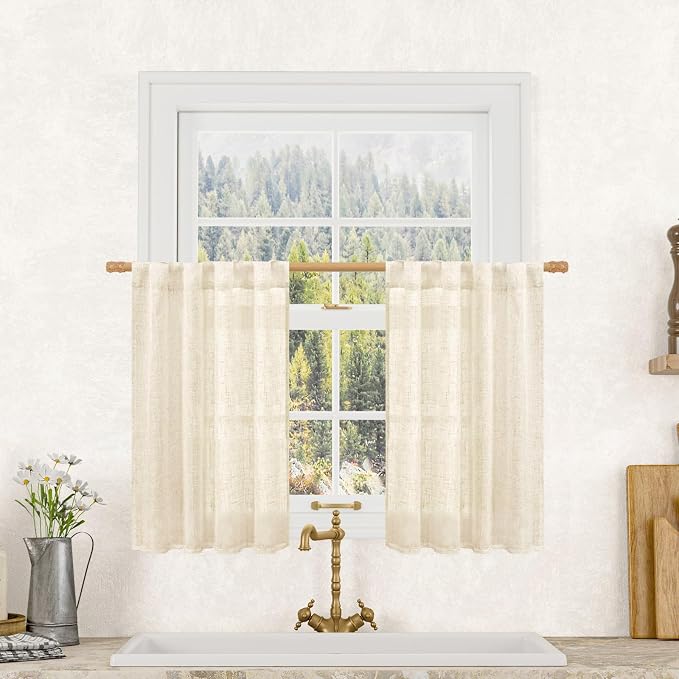 LAMIT Beige Linen Kitchen Curtains 30 Inch Length, Semi Sheer Light Filtering by LAMIT