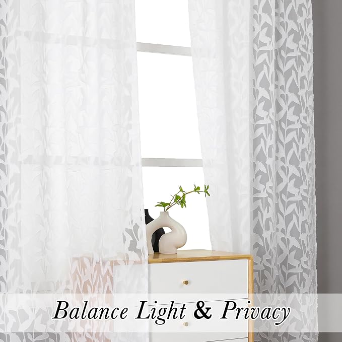 Lecloud Leia White Sheer Curtains 90 Inches Long 2 Panels, Breathable Jacquard - Image 3