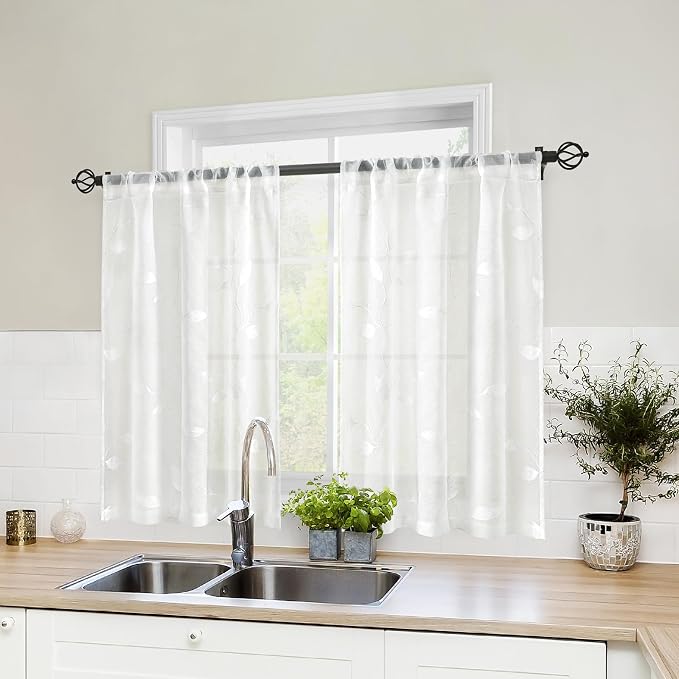 HOMEIDEAS White Sheer Kitchen Curtains 30 X 36 Inch Length 2 Panels Embroidered by HOMEIDEAS