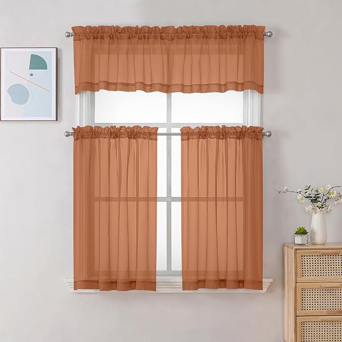 Gwine Burnt Orange Sheer Curtain Tiers 24 Inch Length, Light Filtering Voile - Image 2