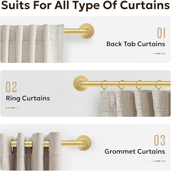 Zeerobee Curtain Rods for Windows 66 to 120, 1 Inch Industrial Wrap Around Gold - Image 8
