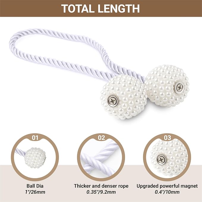 Hion Magnetic Curtain Tiebacks White 6 Pack, Curtain Tiebacks Buckles Holdbacks - Image 2