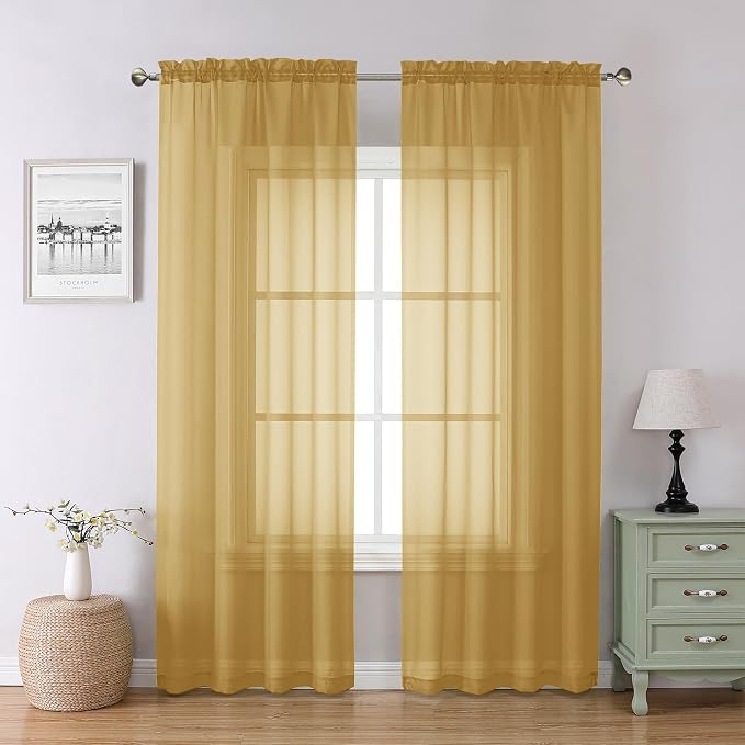 Chyhomenyc Gold Sheer Curtains 84 Inches Long 2 Panels, Light Filtering Gold by Chyhomenyc