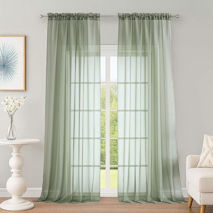 OWENIE Sage Green Sheer Curtains, Sheer Curtains 96 inches Long 2 Panels Set by OWENIE