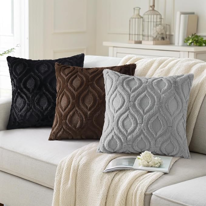decorUhome Throw Pillow Covers 18x18 Inch Set of 2, Soft Plush Faux Wool Dark - Image 4