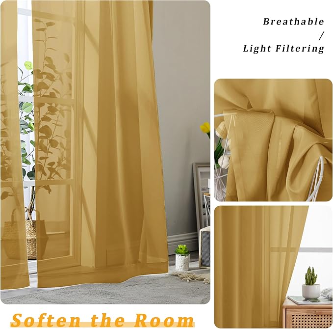 Gwine Gold Sheer Curtains 63 Inch Length - Image 3