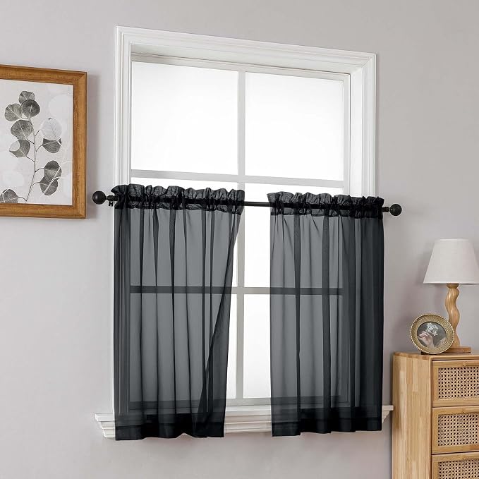 Black Sheer Curtains Tier 30 Inches Length 2 Panels Set, Light Filtering - Image 8