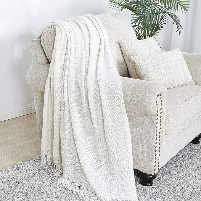 BOURINA Off White Throw Blanket 60x80 Inches Throw Textured Solid Soft Sofa - Image 2