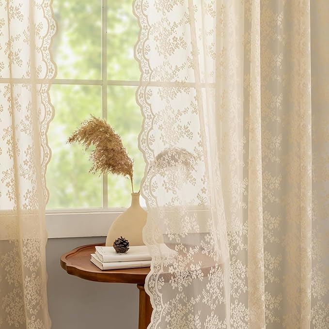 YJ YANJUN Vintage Lace Curtains 108 Inches Long-Victorian Floral Beige Sheer - Image 4