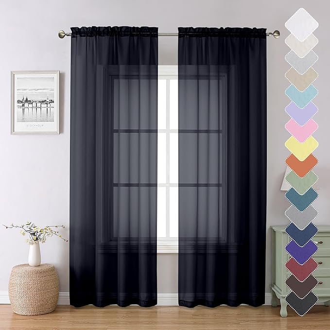 Lecloud Black Sheer Curtains 84 Inches Long 2 Panels, Solid Voile Light by Lecloud