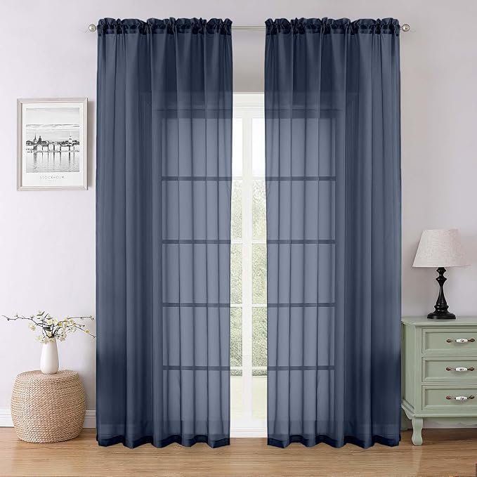 Lecloud Navy Blue Sheer Curtains 90 Inches Long 2 Pcs, Soft Airy Light by Lecloud