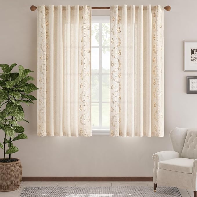 jinchan Belrose Linen Curtains for Bedroom Floral Curtains 63 Inch Length Linen - Image 2