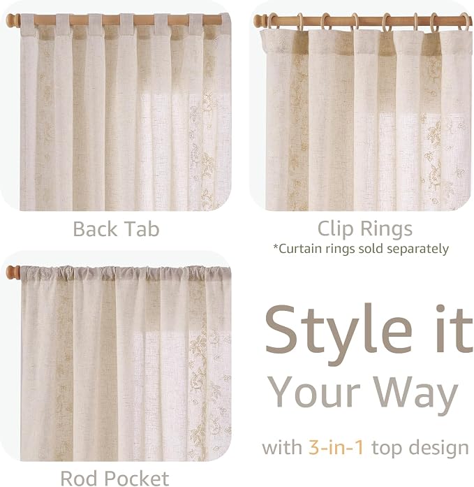jinchan Evelyn Embroidered Linen Curtains Ivory Farmhouse Floral Window Drapes - Image 8