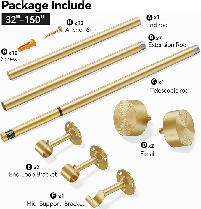 YaFex Heavy Duty Curtain Rods 32-150 Inch, 1 Inch Adjustable Gold Curtain Rod - Image 7