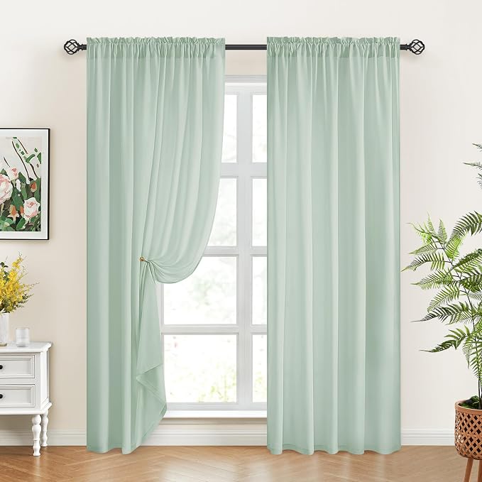 HOMEIDEAS Non-See-Through Sage Green Privacy Sheer Curtains, 52 X 72 Inches - Image 2