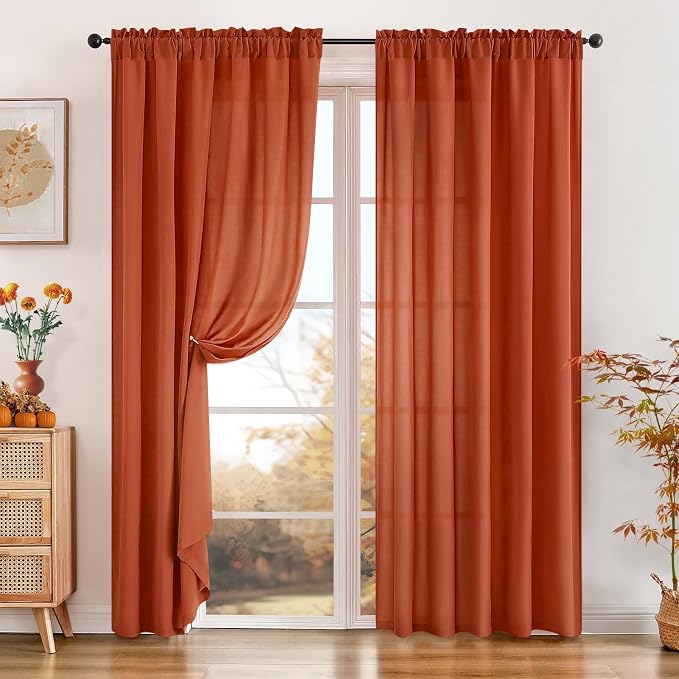 HOMEIDEAS Non-See-Through Fall Burnt Orange Privacy Sheer Curtains, 52 X 72 - Image 2
