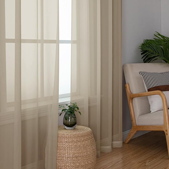 Simplebrand Taupe Sheer Curtains 90 Inches Long 2 Panels, Light Filtering Rod - Image 4