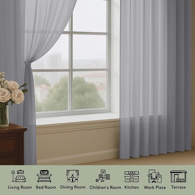OWENIE Grey Sheer Curtains 120 Inches Long 2 Panels Set, Airy Lightweight Sheer - Image 3