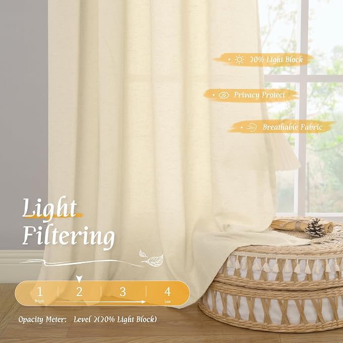 LAMIT Beige Linen Curtains for Small Windows, 45 Inches Long 2 Panels Light - Image 4
