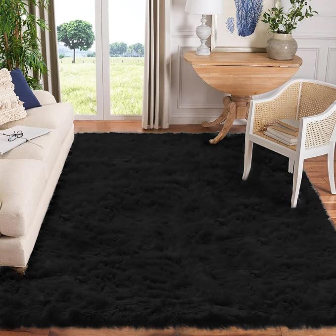 Goolela Black Sheepskin Area Rug 8x10 Fluffy Fuzzy Furry Shag Carpet - Image 2