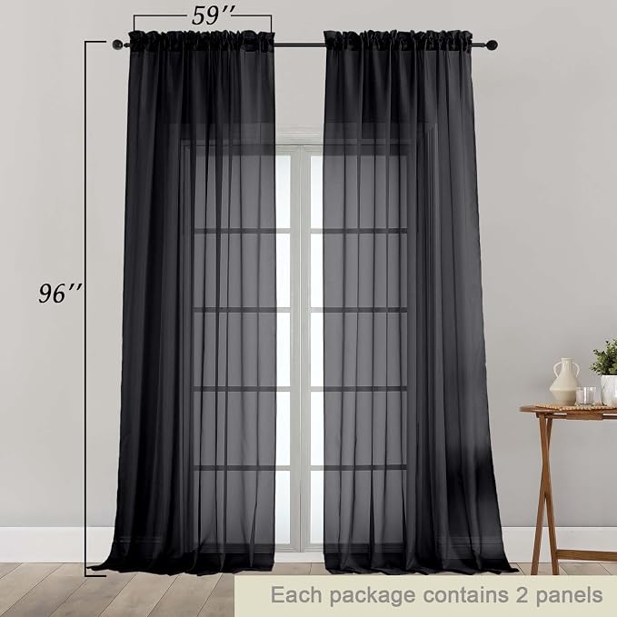 Black Sheer Curtains for Bedroom Living Room 96 Inches Long 2 Panels, Modern - Image 2