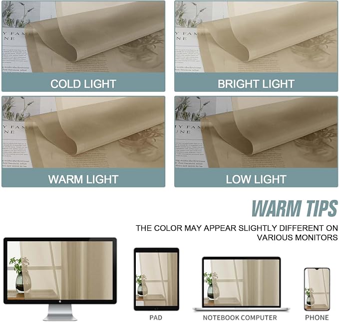 Taupe Sheer Curtains 90 Inches Long 2 Panels, Light Filtering Solid Sheer - Image 6