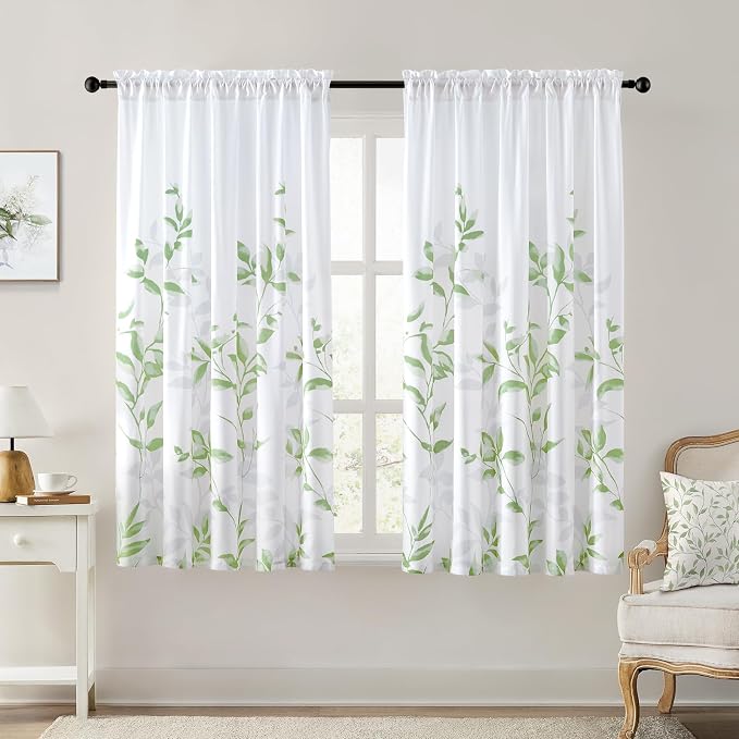 HOMEIDEAS Non-See-Through Sage Green and White Privacy Sheer Curtains 52 X 63 by HOMEIDEAS