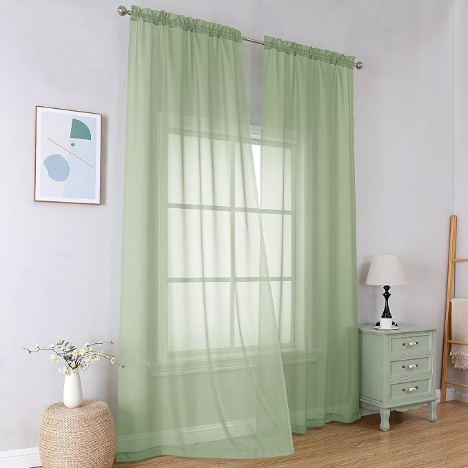 Simplebrand Light Green Sheer Curtains 63 Inch Length 2 Panels, Rod Pocket - Image 2