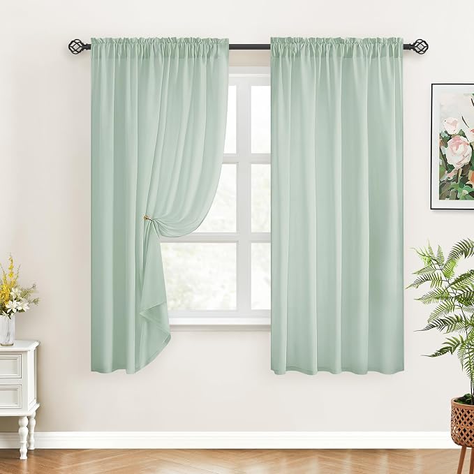 HOMEIDEAS Non-See-Through Sage Green Privacy Sheer Curtains, 52 X 63 Inches - Image 2