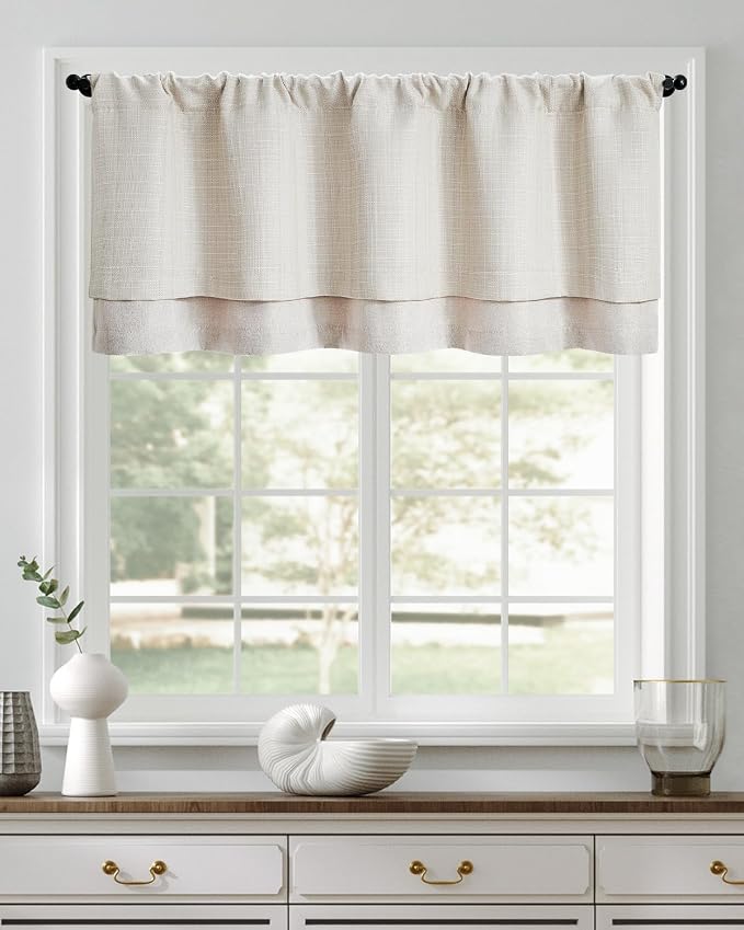 jinchan Valance Curtain Beige Hearthered Farmhouse Light Filtering Double Layer - Image 2