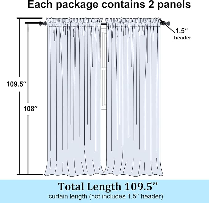 Simplebrand Sheer White Curtains 108 Inches Long, Extra Long Rod Pocket Solid - Image 2