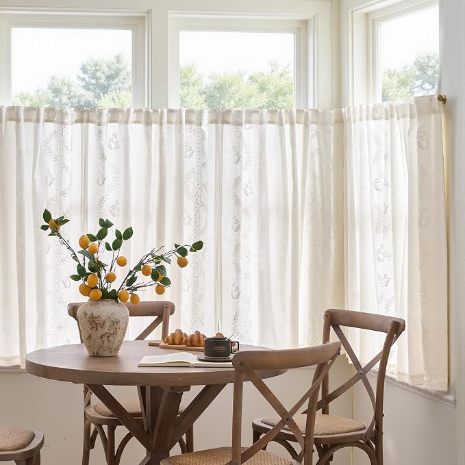 jinchan Belrose Linen Floral Cafe Curtains 45 Inch Length Embroidered Farmhouse - Image 3