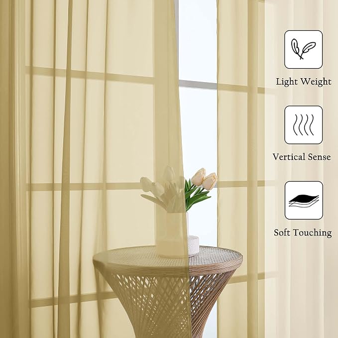Lecloud Gold Sheer Curtains 96 Inches Long 2 Panels Set, Home Decor Light - Image 2