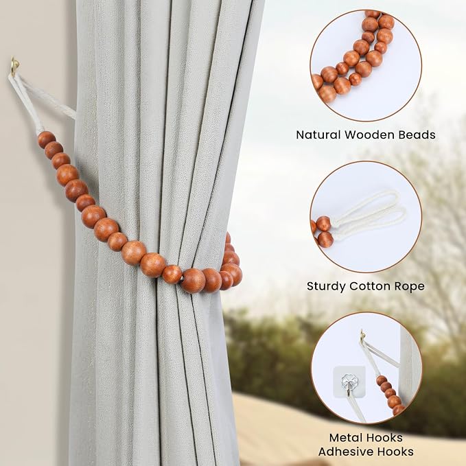 Wood Bead Curtain Tiebacks, KLOGTSIND Set of 4 Curtain Holdbacks - Image 4
