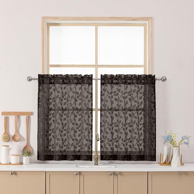 Chyhomenyc Chocolate Sheer Curtains 30 Inch Length, Light Filtering Leaf Tufted by Chyhomenyc