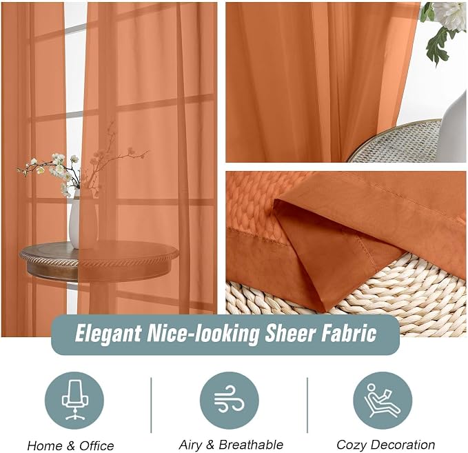 Orange Window Sheer Curtains 54 inch Length, Soft Airy Light Filtering Sheer - Image 4