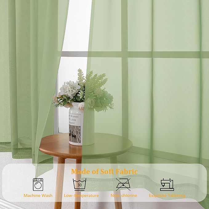 Gwine Light Green Sheer Curtains 90 Inches Long 2 Panels Set, Light Filtering - Image 7