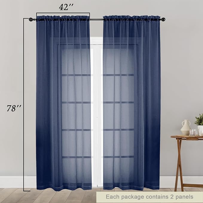 Navy Blue Sheer Curtain for Bedroom Living Room 78 Inches Long 2 Panels Set - Image 2