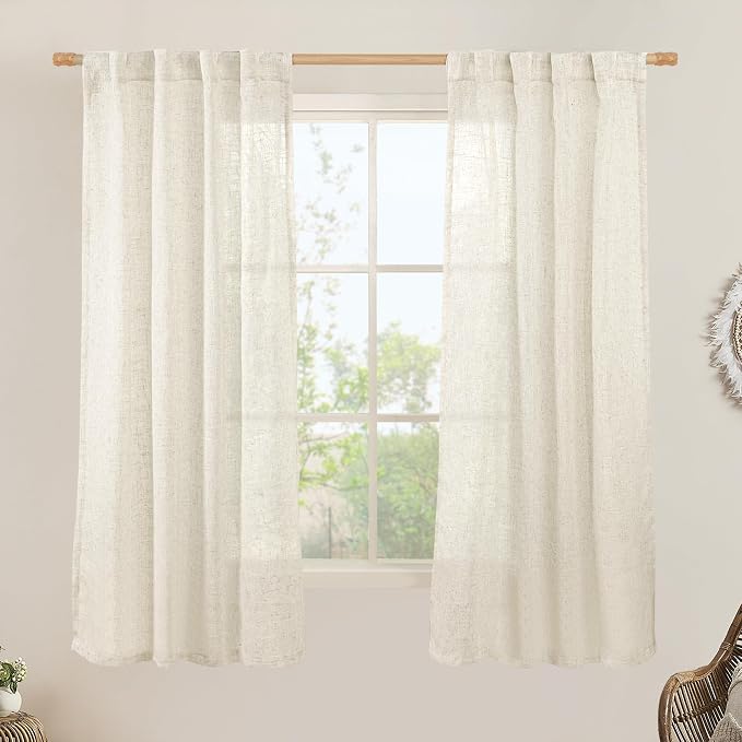 LAMIT 63 Inch Semi Sheer Linen Curtains, Light Filtering Panels Back Tab and by LAMIT