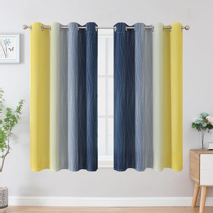 Estelar Textiler Navy Blue and Yellow Blackout Curtains 45 Inch Length - Image 2