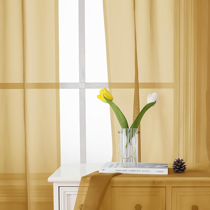 Lecloud Gold Sheer Curtains 54 Inch Length 2 Panels, Light Filtering Voile - Image 3