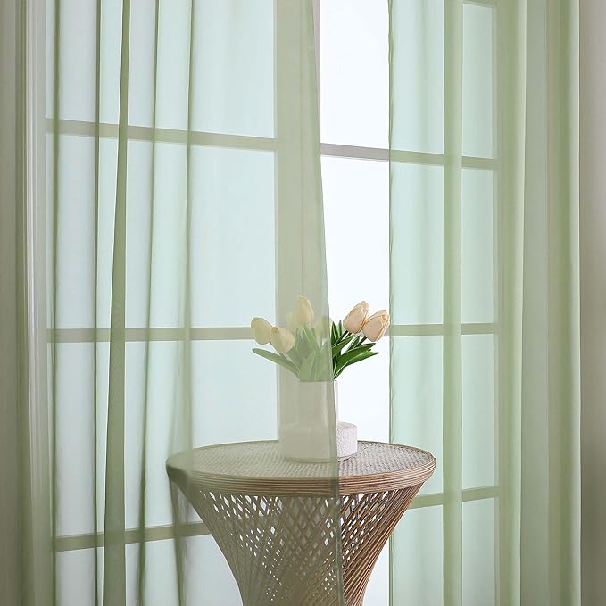 OWENIE Sage Green Sheer Curtains 72 Inches Long 2 Panels Set, Transparent Voile - Image 2