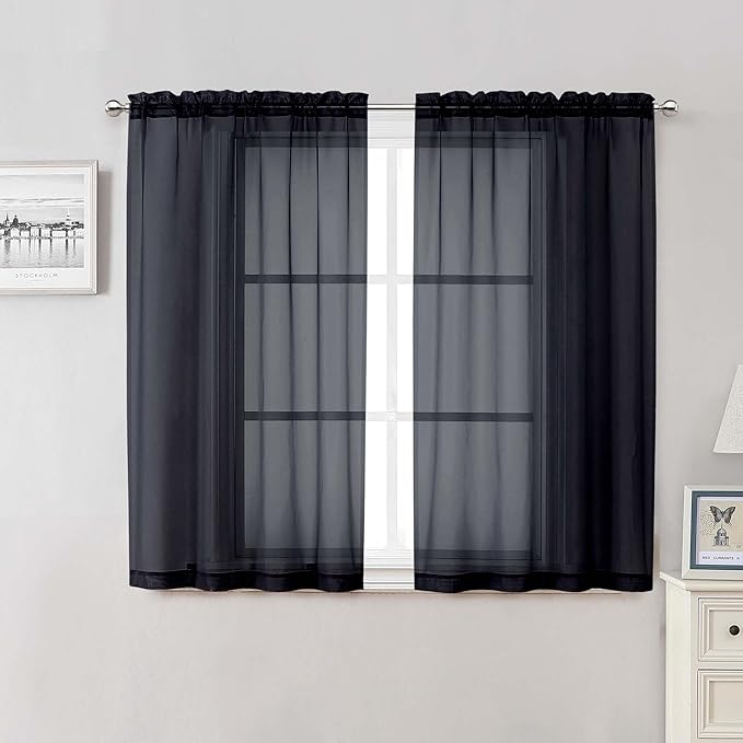 Lecloud Black Sheer Curtains 50 Inch Length 2 Pcs, Light Filtering Bedroom by Lecloud