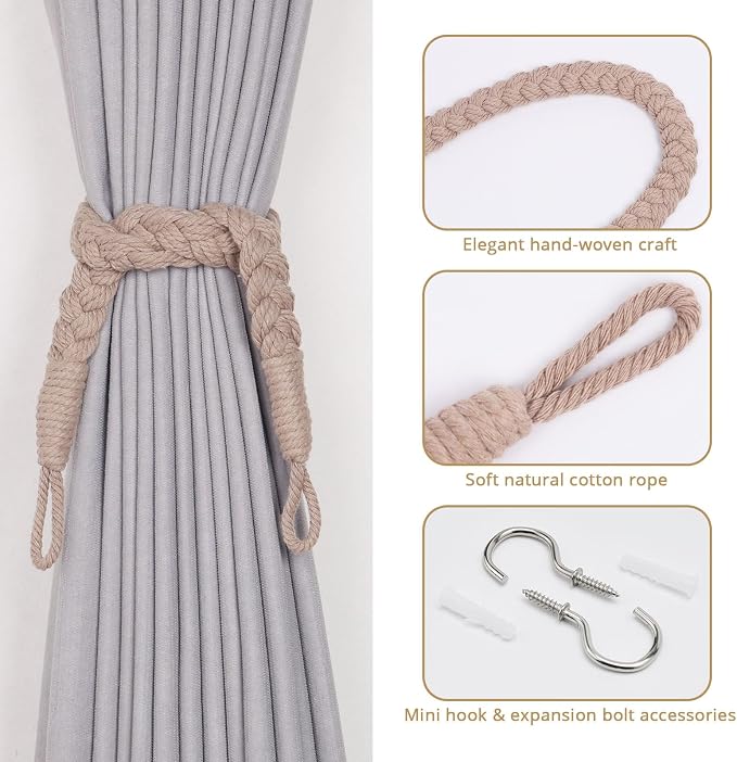 NICEEC 2 Pack Natural Cotton Rope Curtain Tiebacks Elegant Boho Style - Image 2