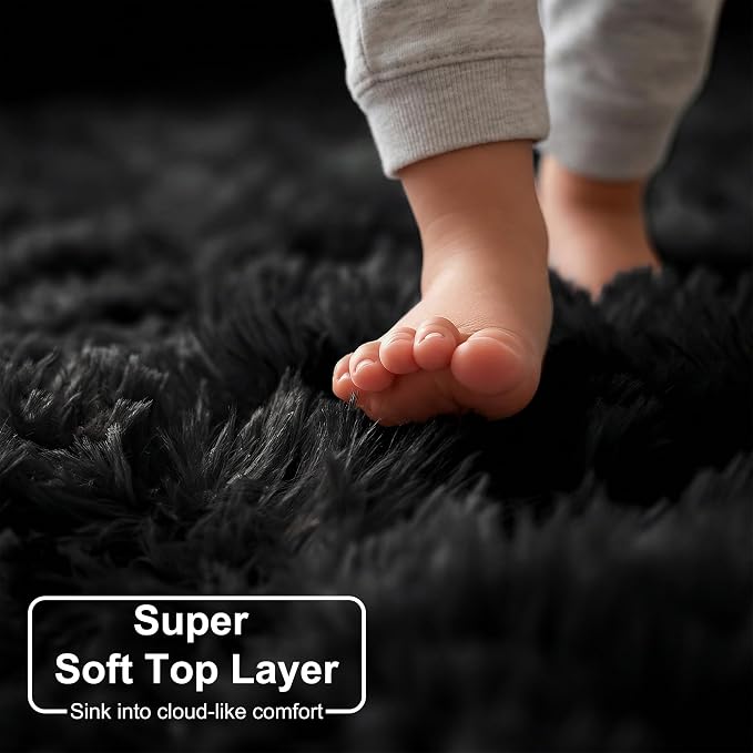Black Round Rug 4Ft for Bedroom, Fluffy Circle Area Rugs for Living Room Decor - Image 2